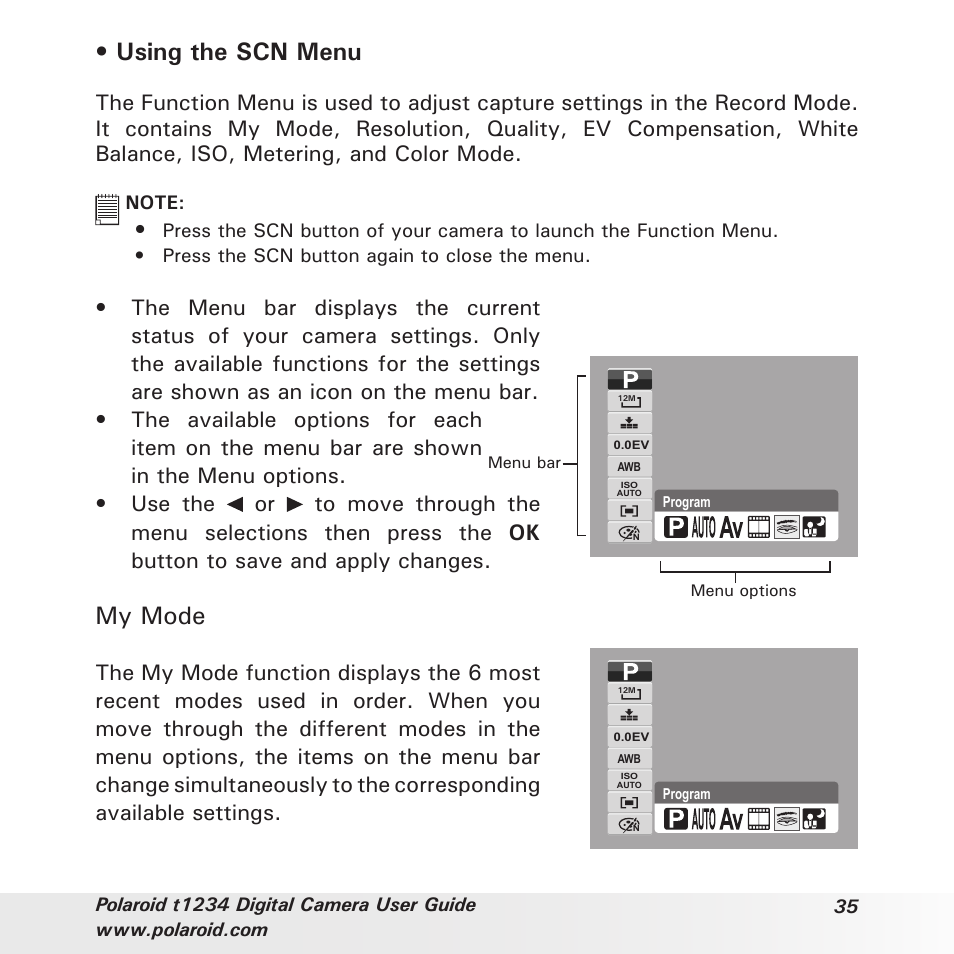 Using the scn menu, My mode | Polaroid t1234 User Manual | Page 35 / 95