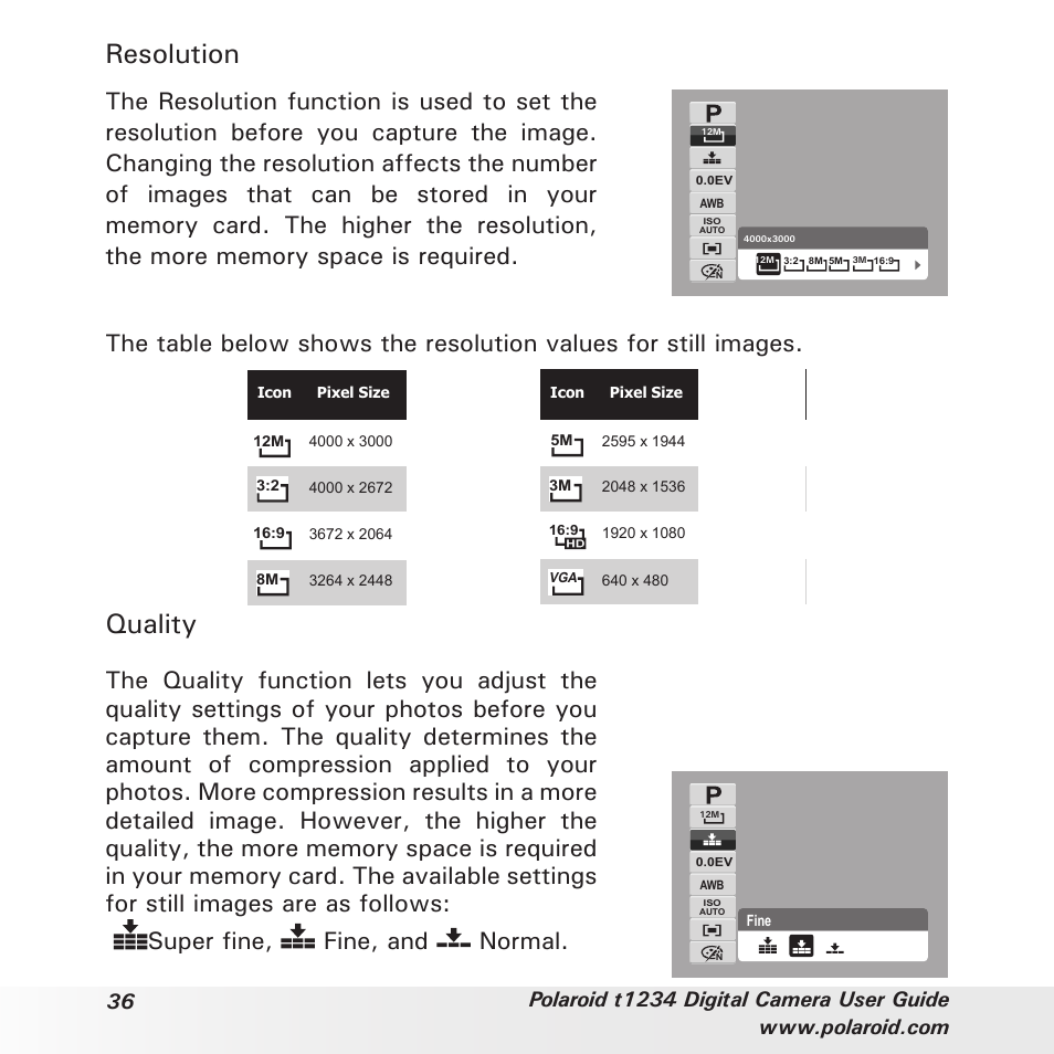 Resolution, Quality | Polaroid t1234 User Manual | Page 36 / 95