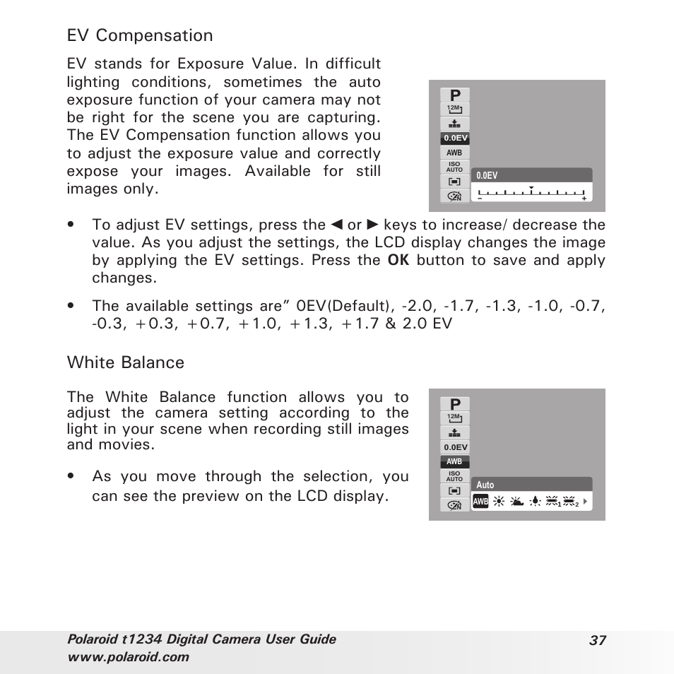 Ev compensation, White balance | Polaroid t1234 User Manual | Page 37 / 95