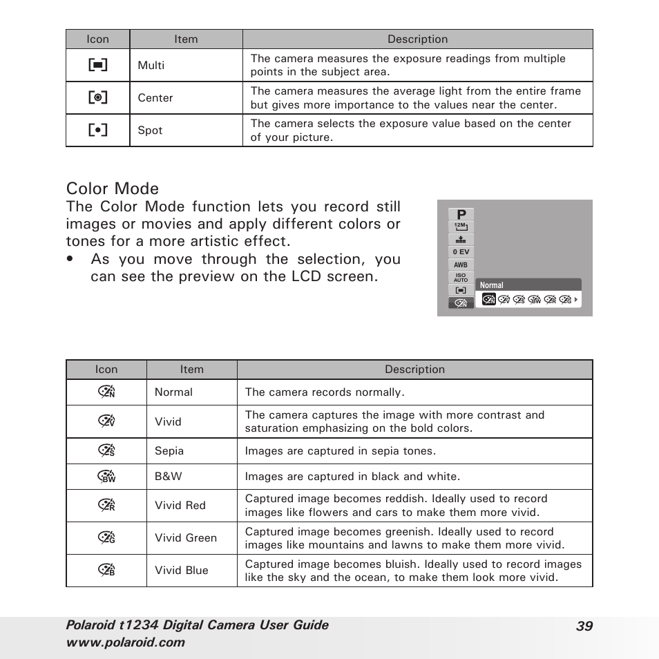 Color mode | Polaroid t1234 User Manual | Page 39 / 95