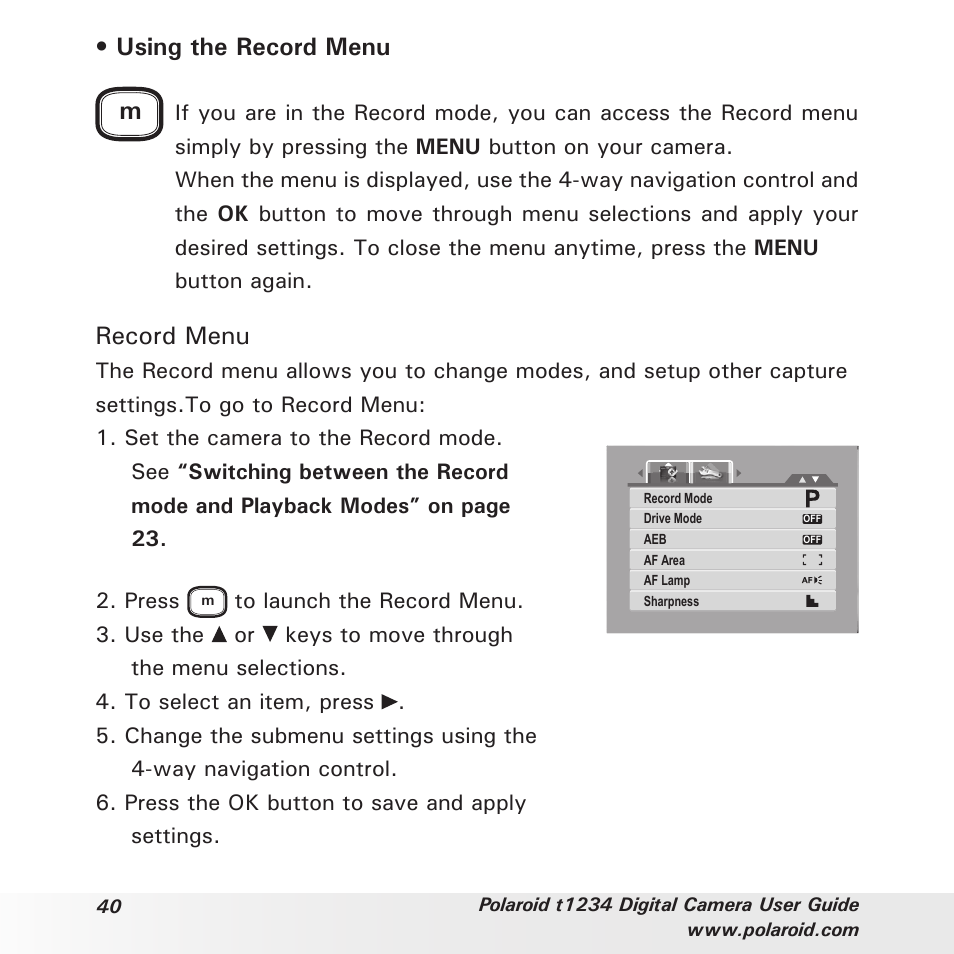 Using the record menu m, Record menu | Polaroid t1234 User Manual | Page 40 / 95