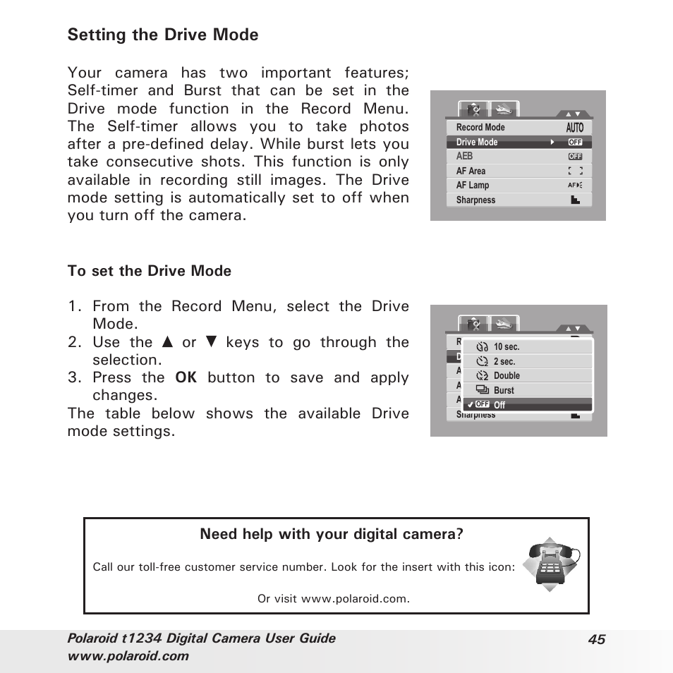 Setting the drive mode, Need help with your digital camera | Polaroid t1234 User Manual | Page 45 / 95