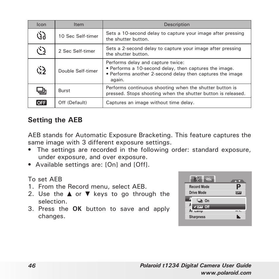 Setting the aeb | Polaroid t1234 User Manual | Page 46 / 95