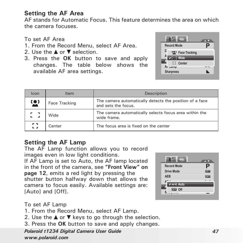 Setting the af area, Setting the af lamp | Polaroid t1234 User Manual | Page 47 / 95