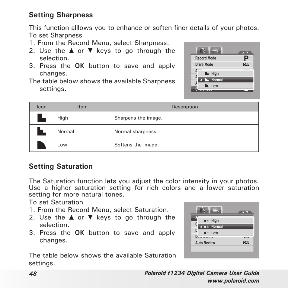 Setting sharpness, Setting saturation | Polaroid t1234 User Manual | Page 48 / 95