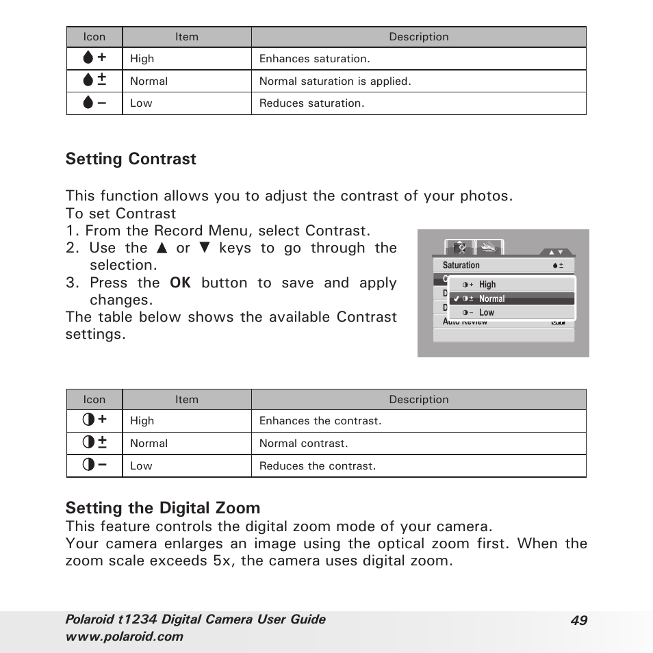 Setting contrast, Setting the digital zoom | Polaroid t1234 User Manual | Page 49 / 95