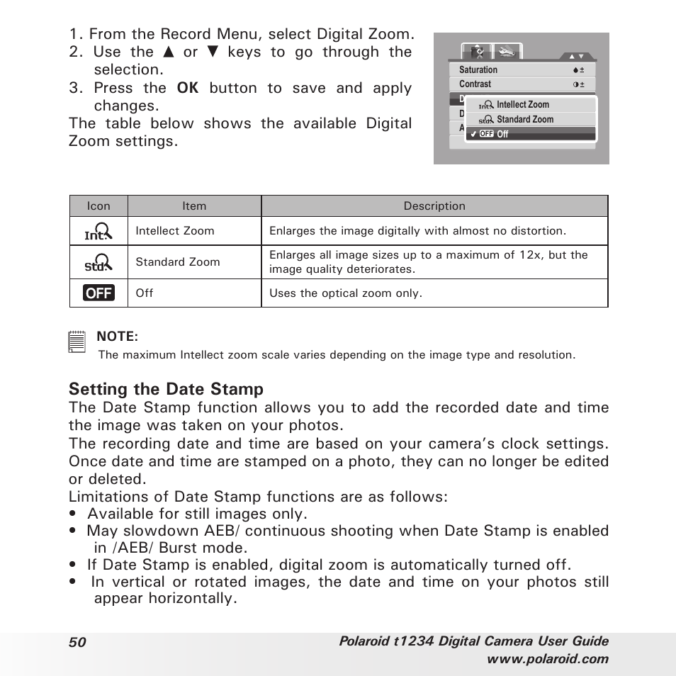 Setting the date stamp | Polaroid t1234 User Manual | Page 50 / 95