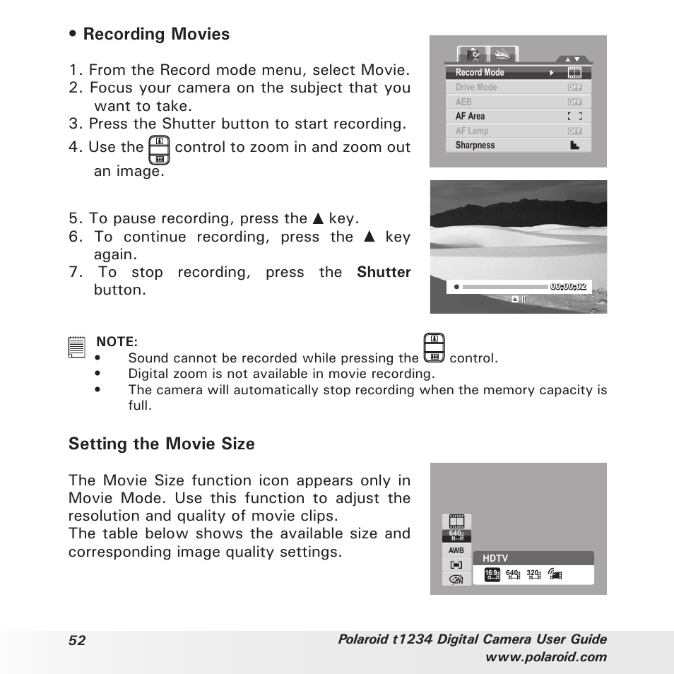 Recording movies, Setting the movie size | Polaroid t1234 User Manual | Page 52 / 95