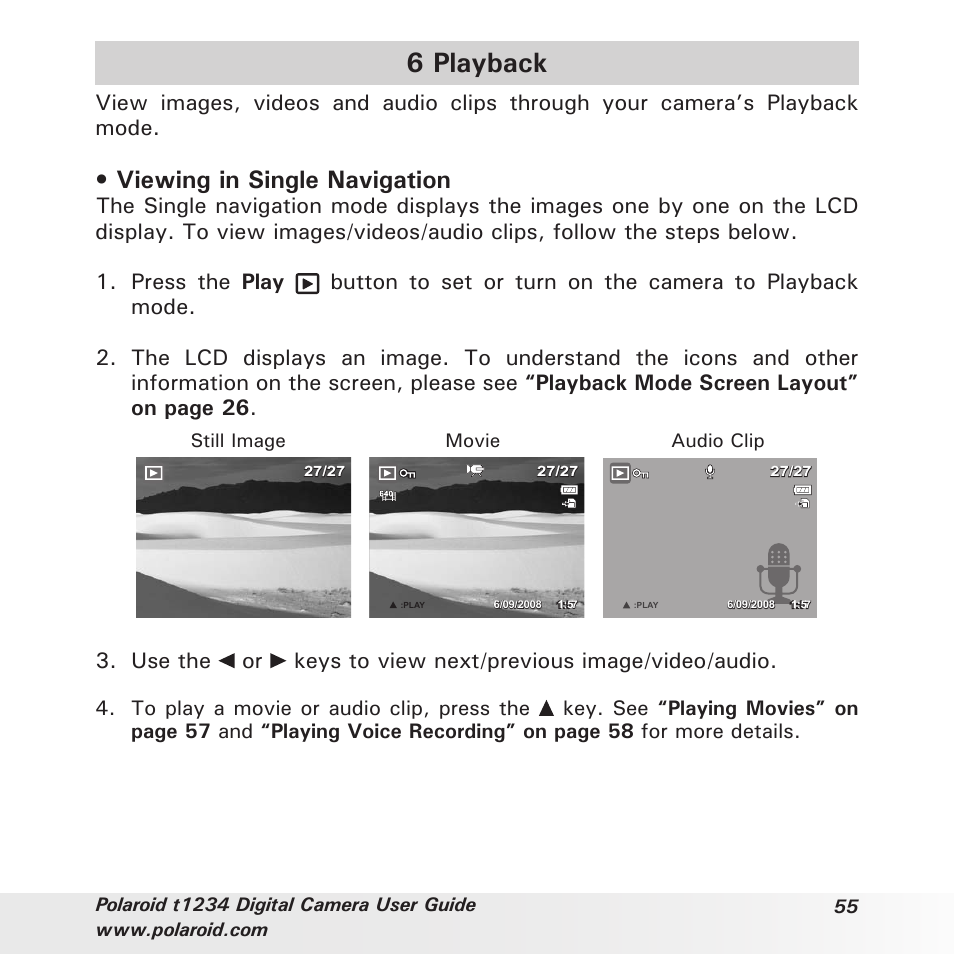 6 playback, Viewing in single navigation | Polaroid t1234 User Manual | Page 55 / 95