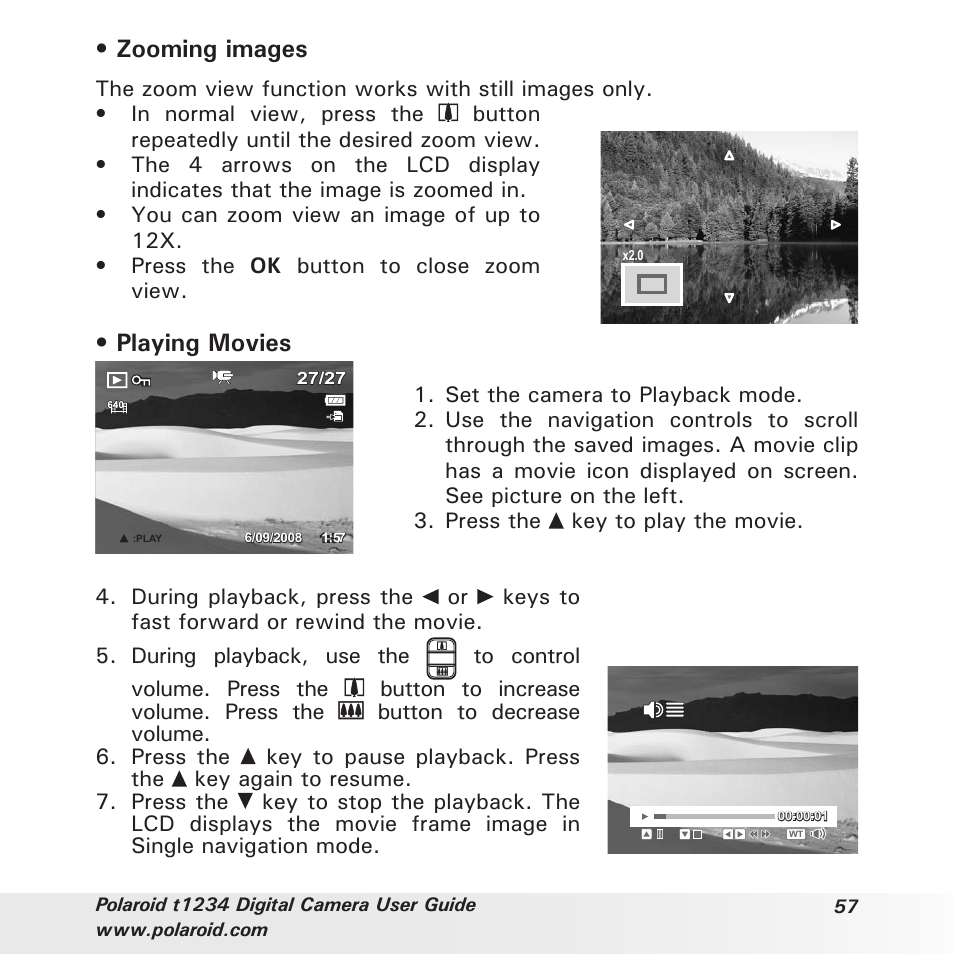 Zooming images, Playing movies | Polaroid t1234 User Manual | Page 57 / 95