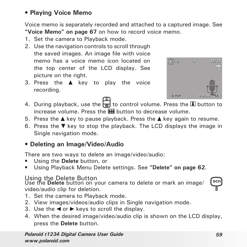 Deleting an image/video/audio, Using the delete button | Polaroid t1234 User Manual | Page 59 / 95