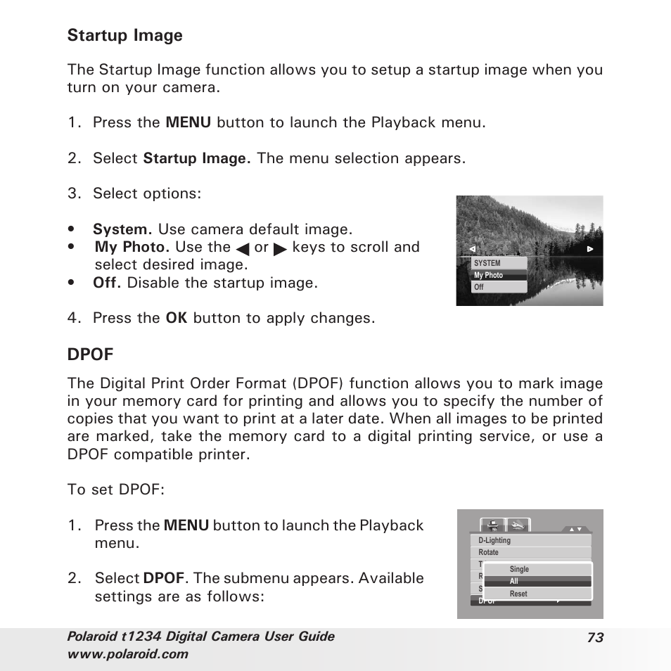 Startup image, Dpof | Polaroid t1234 User Manual | Page 73 / 95