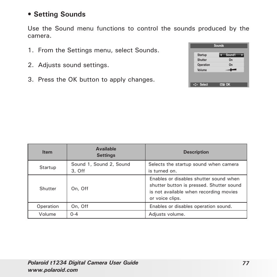 Setting sounds | Polaroid t1234 User Manual | Page 77 / 95