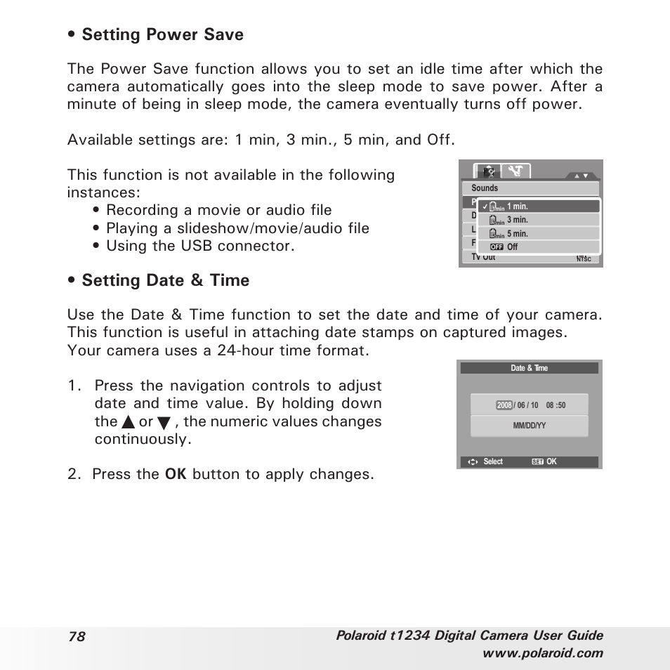 Setting power save, Setting date & time, Press the ok button to apply changes | Polaroid t1234 User Manual | Page 78 / 95