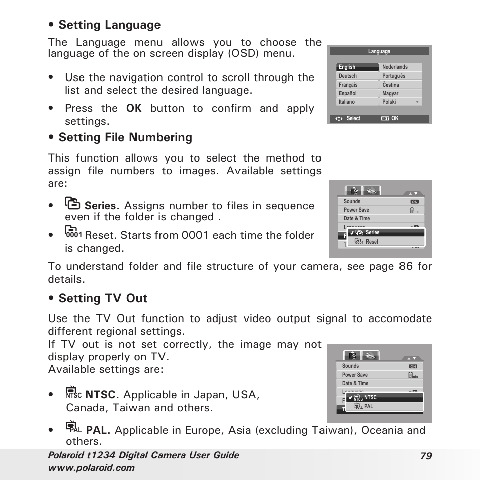 Setting language, Setting file numbering, Setting tv out | Polaroid t1234 User Manual | Page 79 / 95