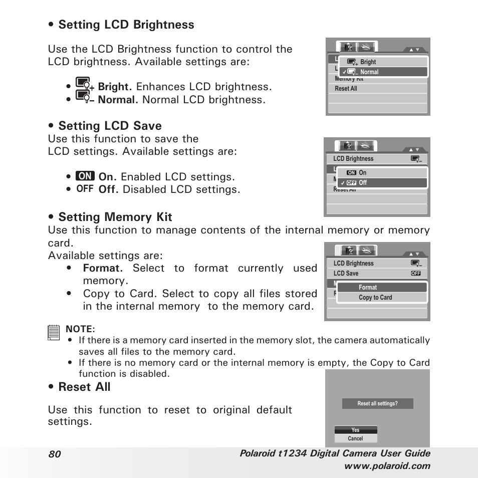 Setting lcd brightness, Setting lcd save, Reset all | On. enabled lcd settings, Off. disabled lcd settings | Polaroid t1234 User Manual | Page 80 / 95
