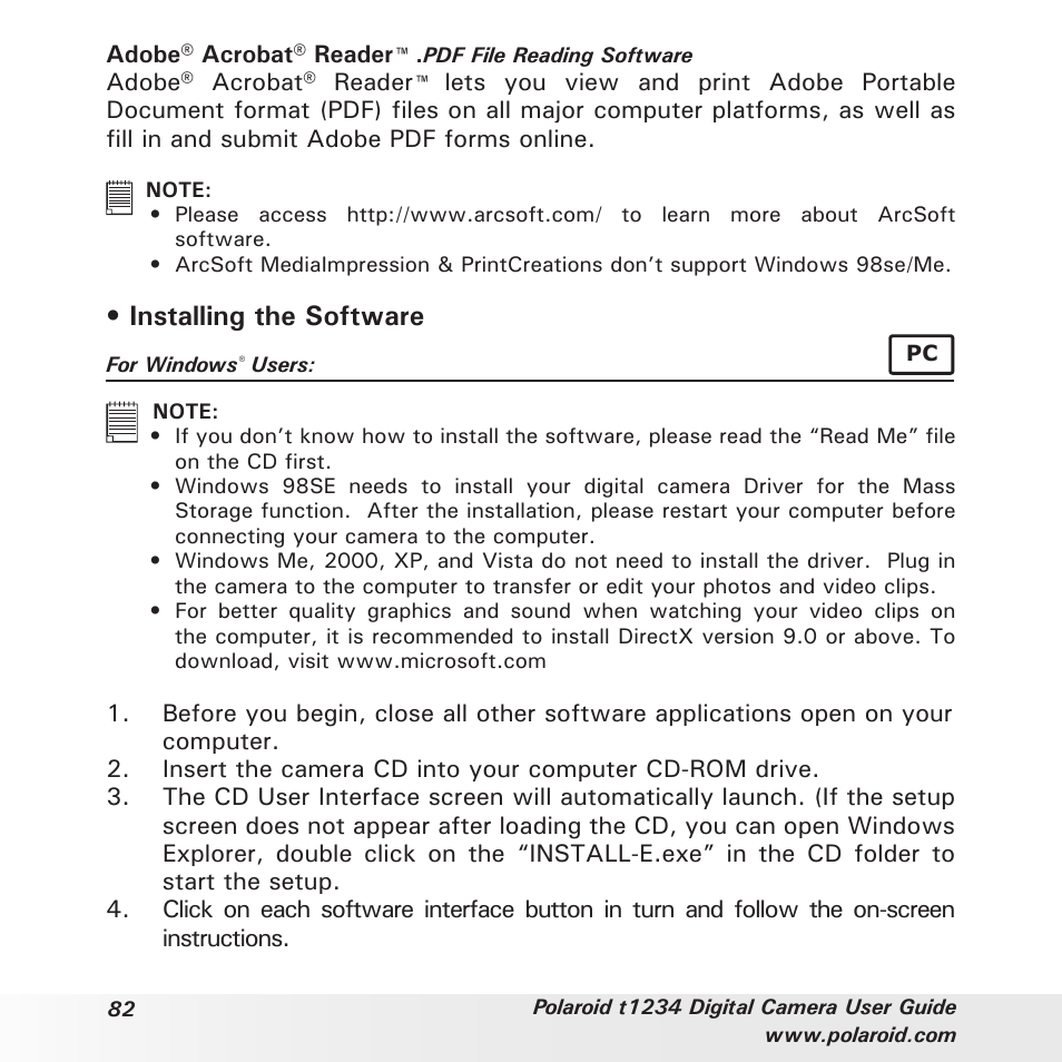 Installing the software | Polaroid t1234 User Manual | Page 82 / 95