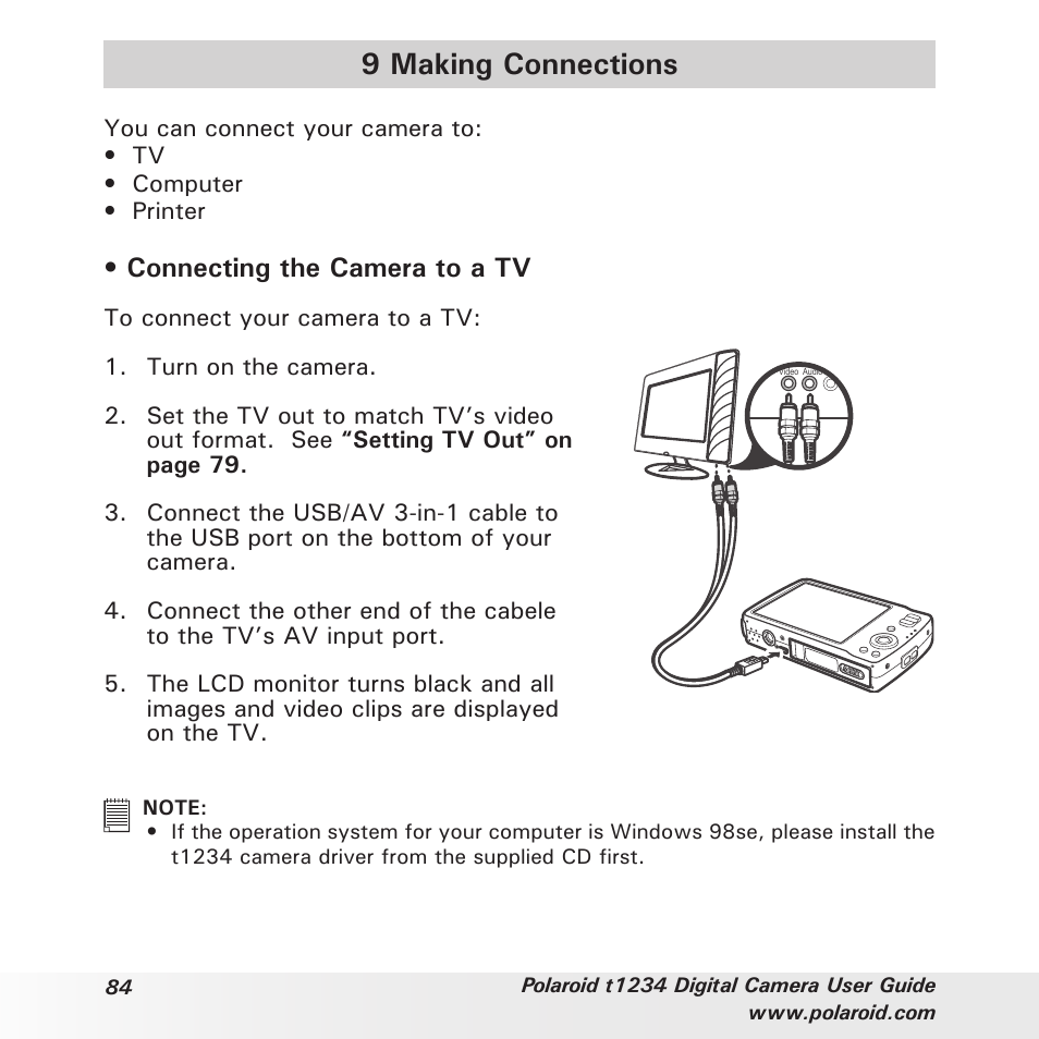9 making connections, Connecting the camera to a tv | Polaroid t1234 User Manual | Page 84 / 95