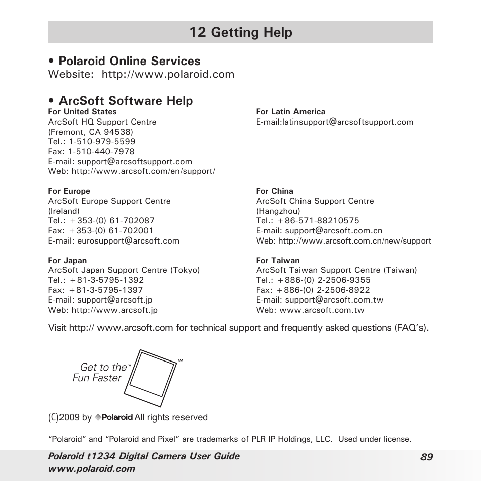 12 getting help, Polaroid online services, Arcsoft software help | Polaroid t1234 User Manual | Page 89 / 95