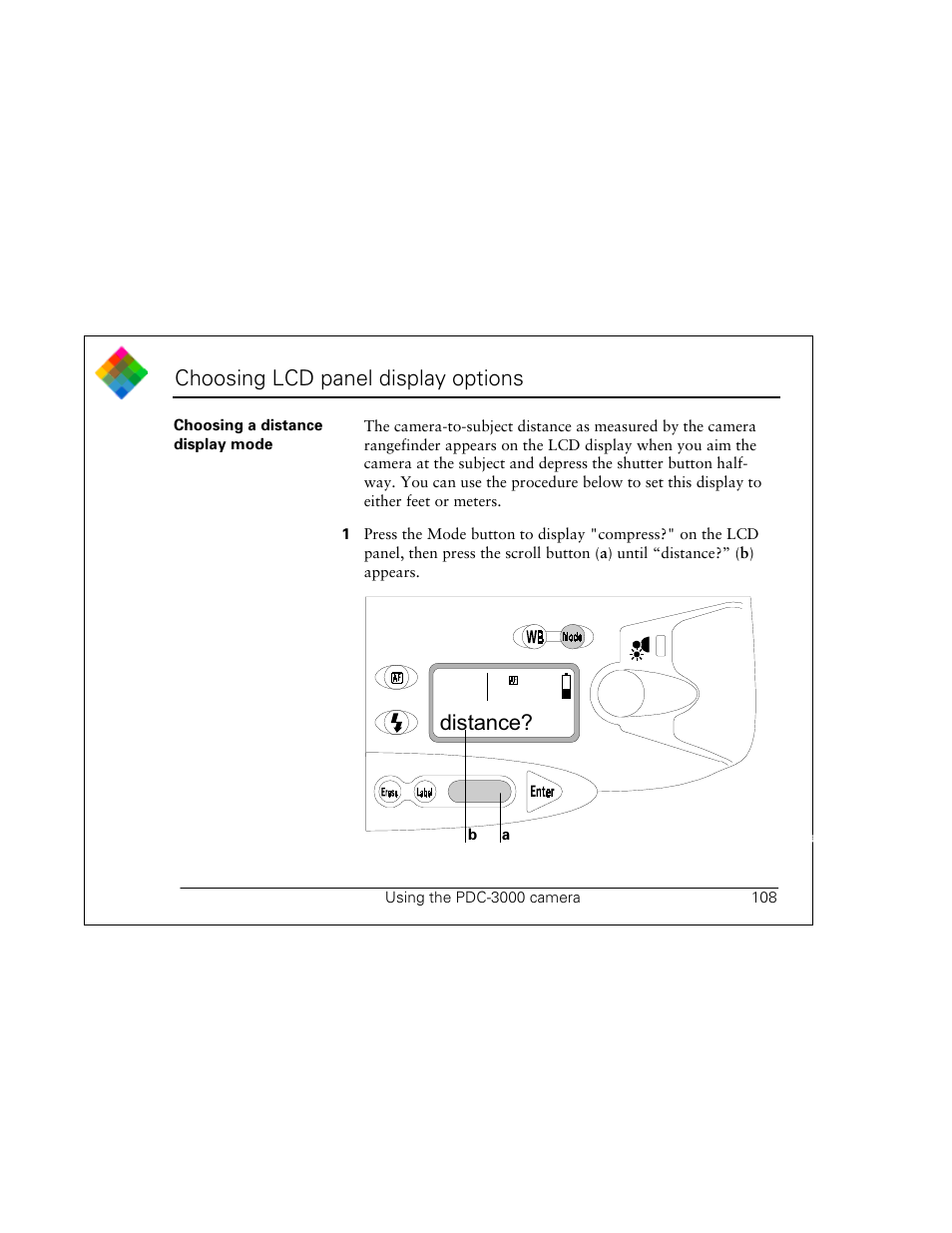 Choosing lcd panel display options, Distance | Polaroid PDC 3000 User Manual | Page 108 / 252