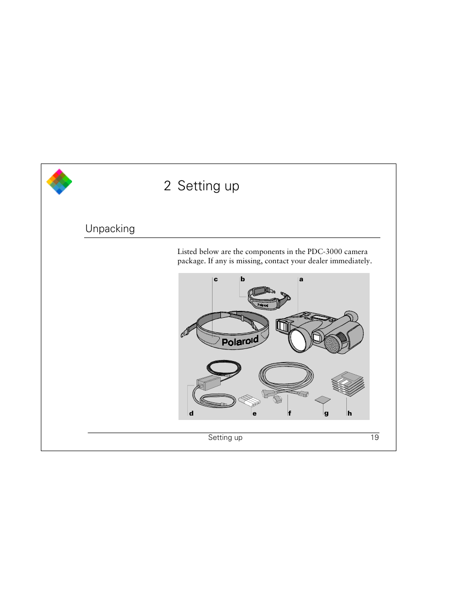 2 setting up, Unpacking | Polaroid PDC 3000 User Manual | Page 19 / 252