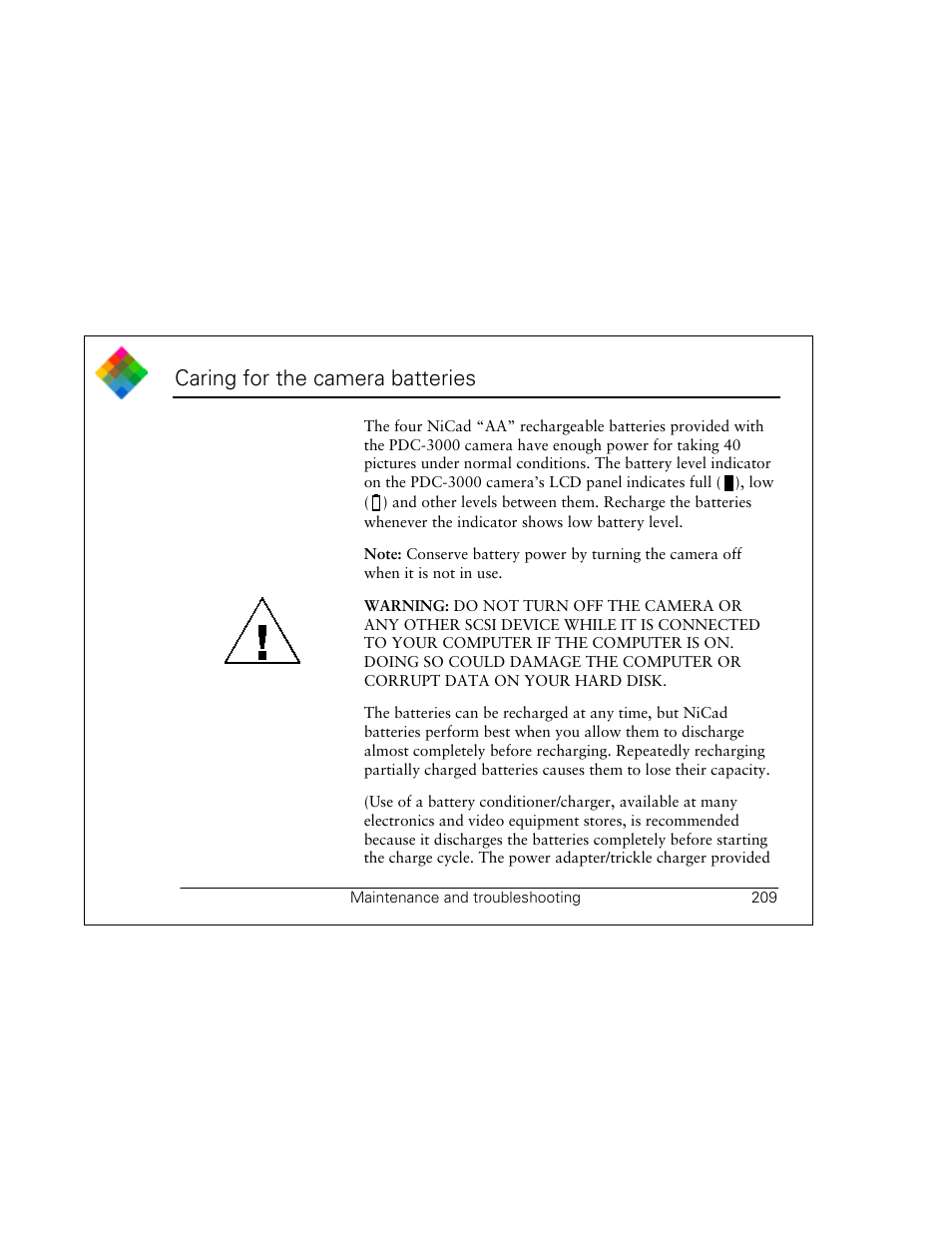 Caring for the camera batteries | Polaroid PDC 3000 User Manual | Page 209 / 252