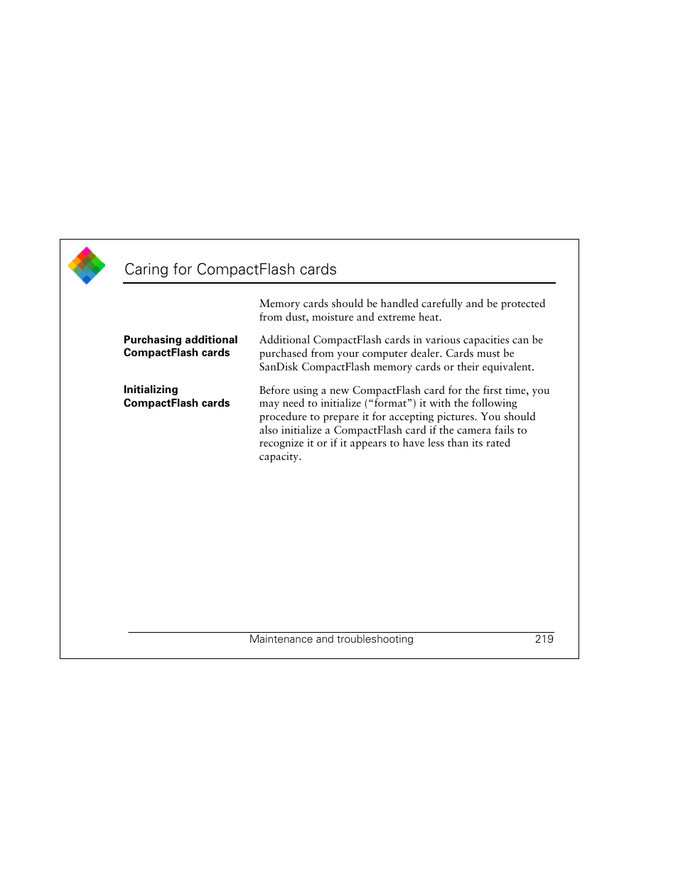 Caring for compactflash cards | Polaroid PDC 3000 User Manual | Page 219 / 252