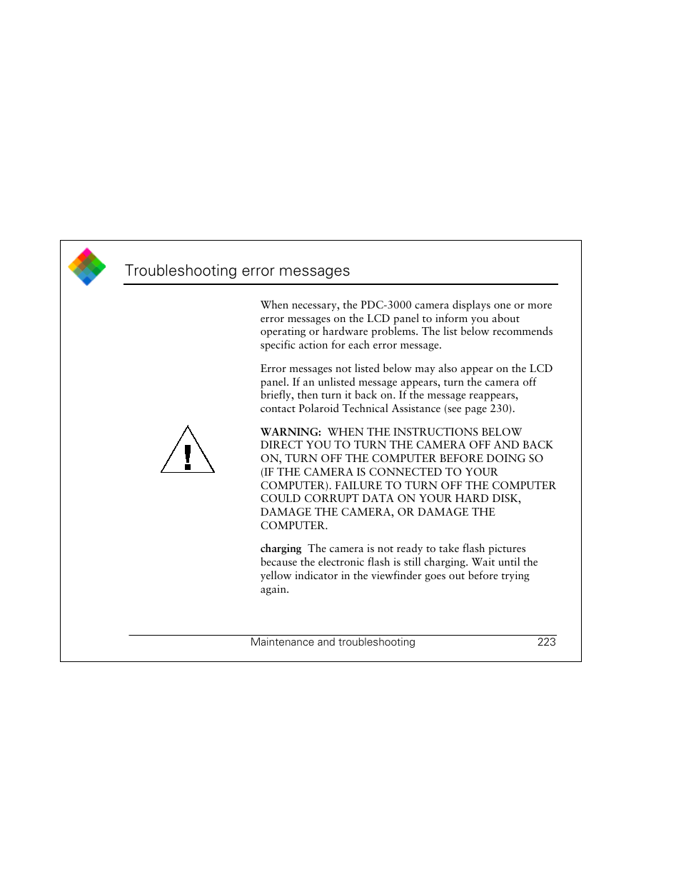 Troubleshooting error messages | Polaroid PDC 3000 User Manual | Page 223 / 252