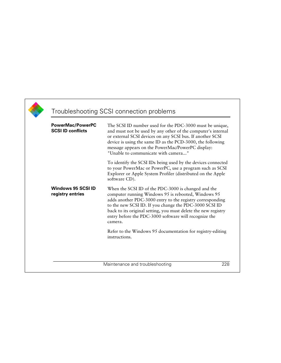 Troubleshooting scsi connection problems | Polaroid PDC 3000 User Manual | Page 228 / 252