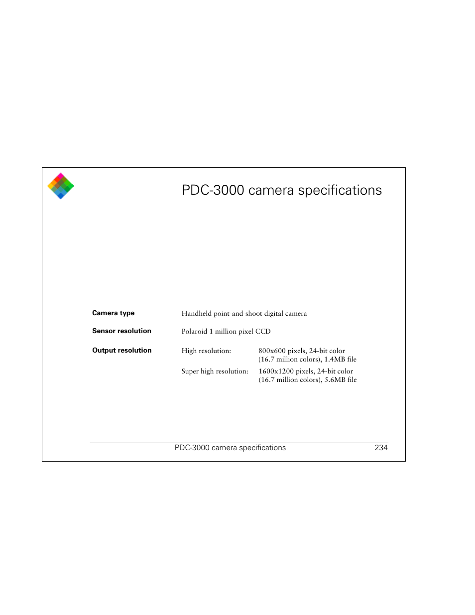 Pdc-3000 camera specifications | Polaroid PDC 3000 User Manual | Page 234 / 252