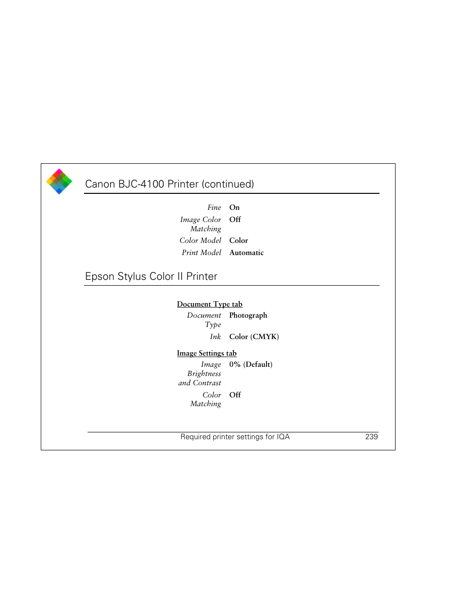 Epson stylus color ii printer, Canon bjc-4100 printer (continued) | Polaroid PDC 3000 User Manual | Page 239 / 252