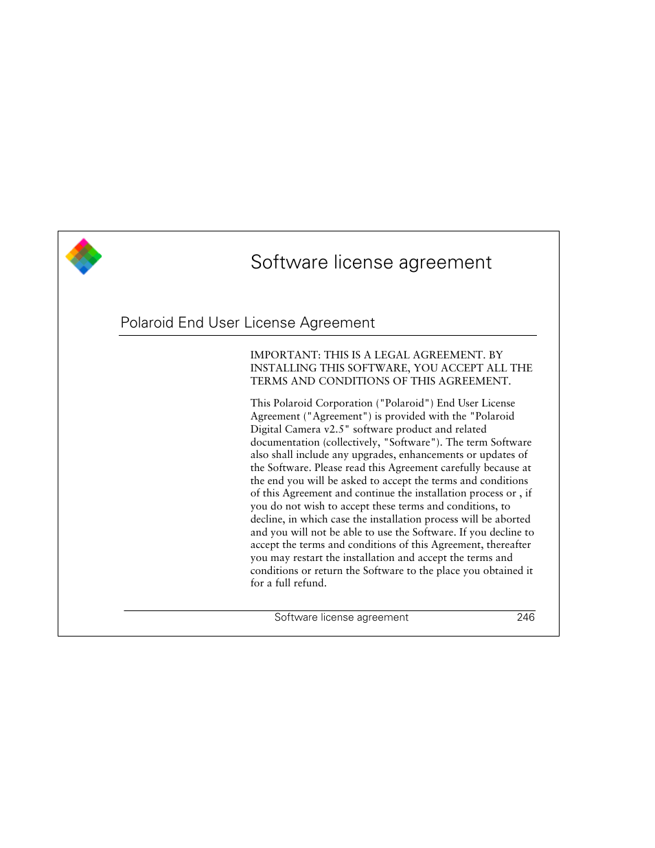 Software license agreement | Polaroid PDC 3000 User Manual | Page 246 / 252