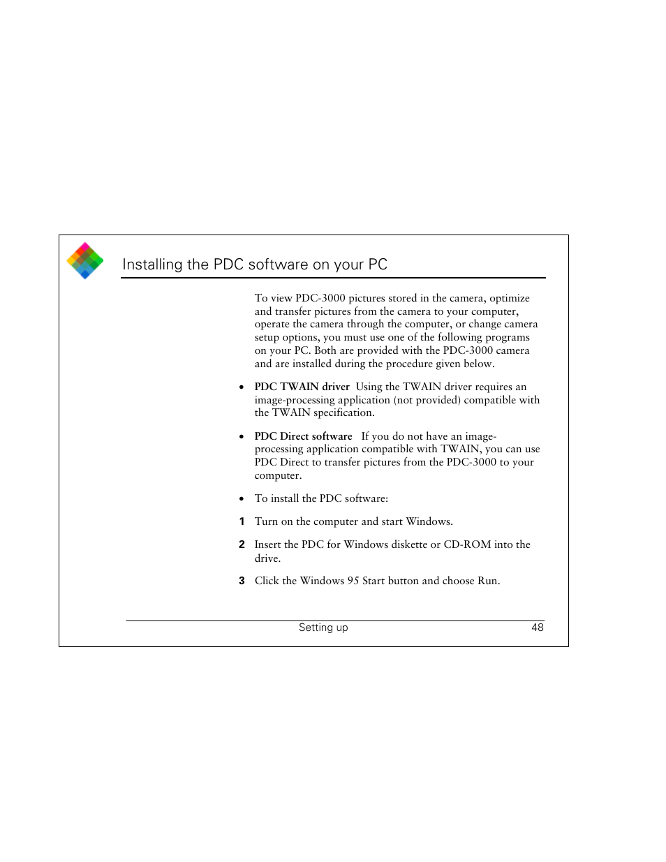 Installing the pdc software on your pc | Polaroid PDC 3000 User Manual | Page 48 / 252