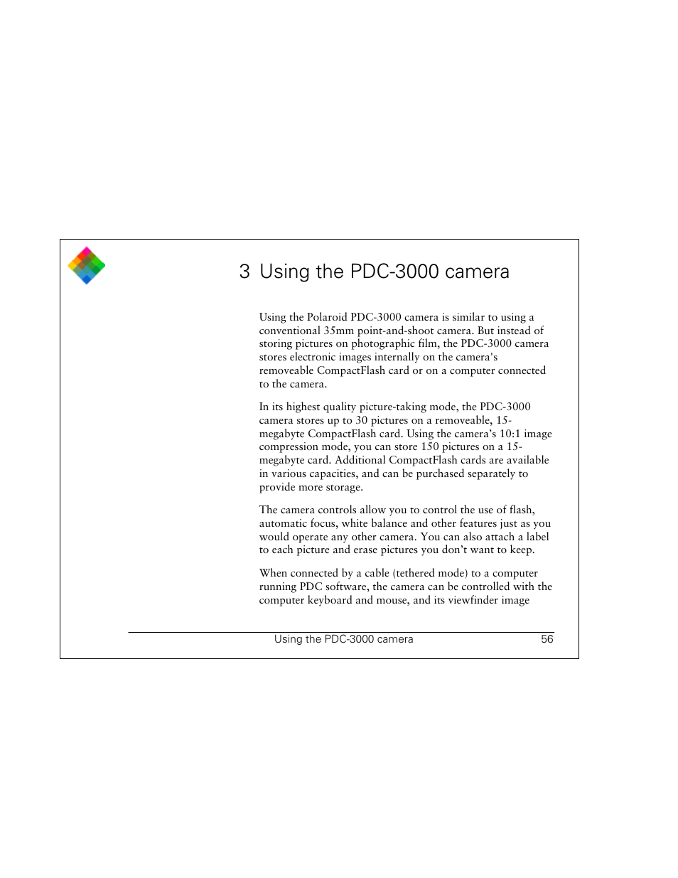 3 using the pdc-3000 camera | Polaroid PDC 3000 User Manual | Page 56 / 252