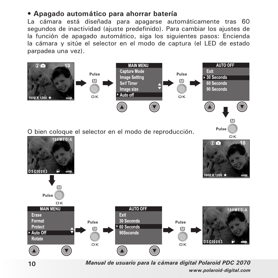 Apagado automático para ahorrar batería | Polaroid PDC 2070 User Manual | Page 10 / 52