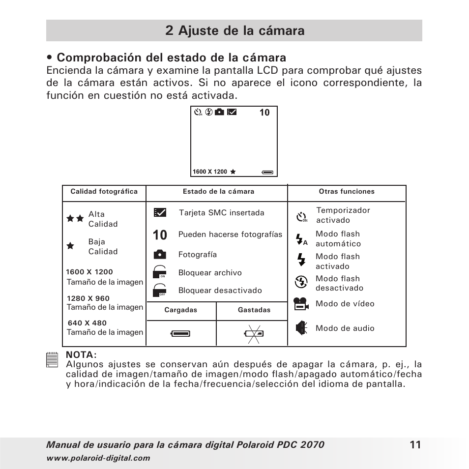 2 ajuste de la cámara, Comprobación del estado de la cámara | Polaroid PDC 2070 User Manual | Page 11 / 52