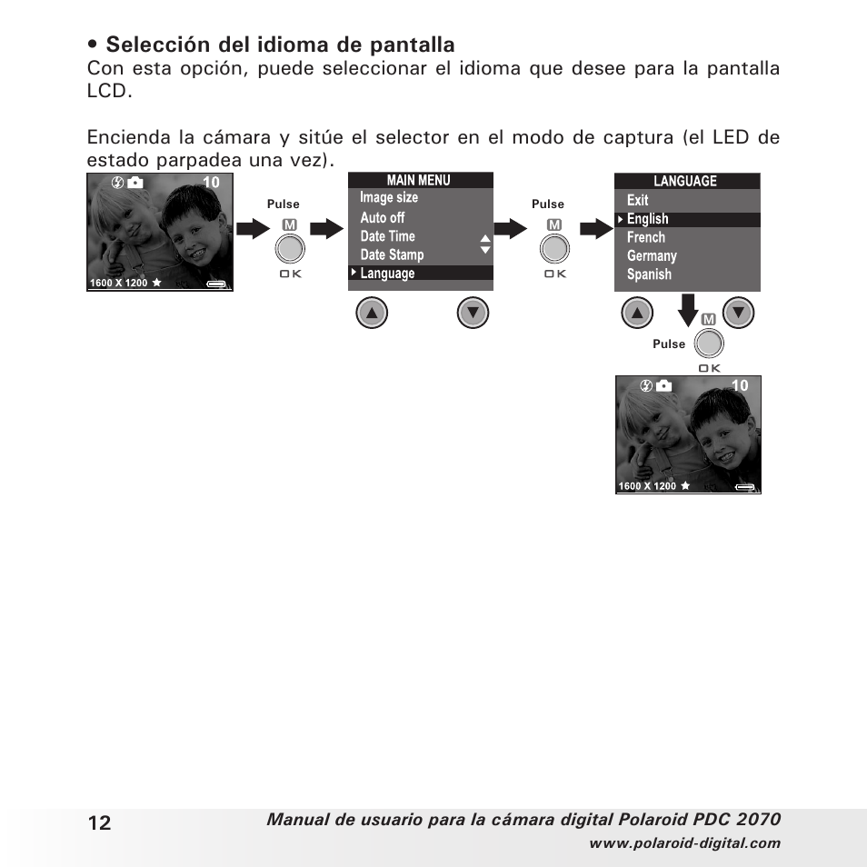 Selección del idioma de pantalla | Polaroid PDC 2070 User Manual | Page 12 / 52