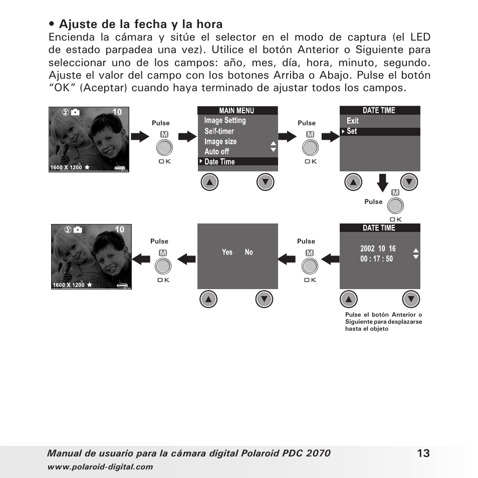 Ajuste de la fecha y la hora | Polaroid PDC 2070 User Manual | Page 13 / 52