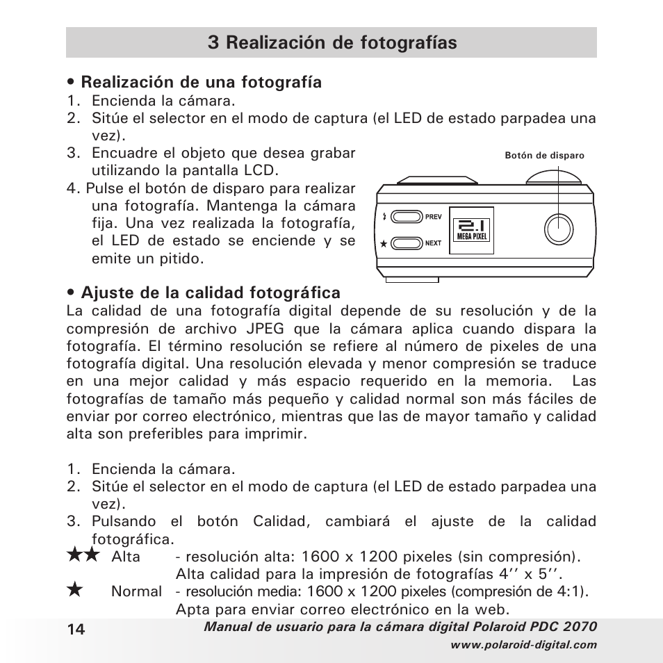 3 realización de fotografías | Polaroid PDC 2070 User Manual | Page 14 / 52