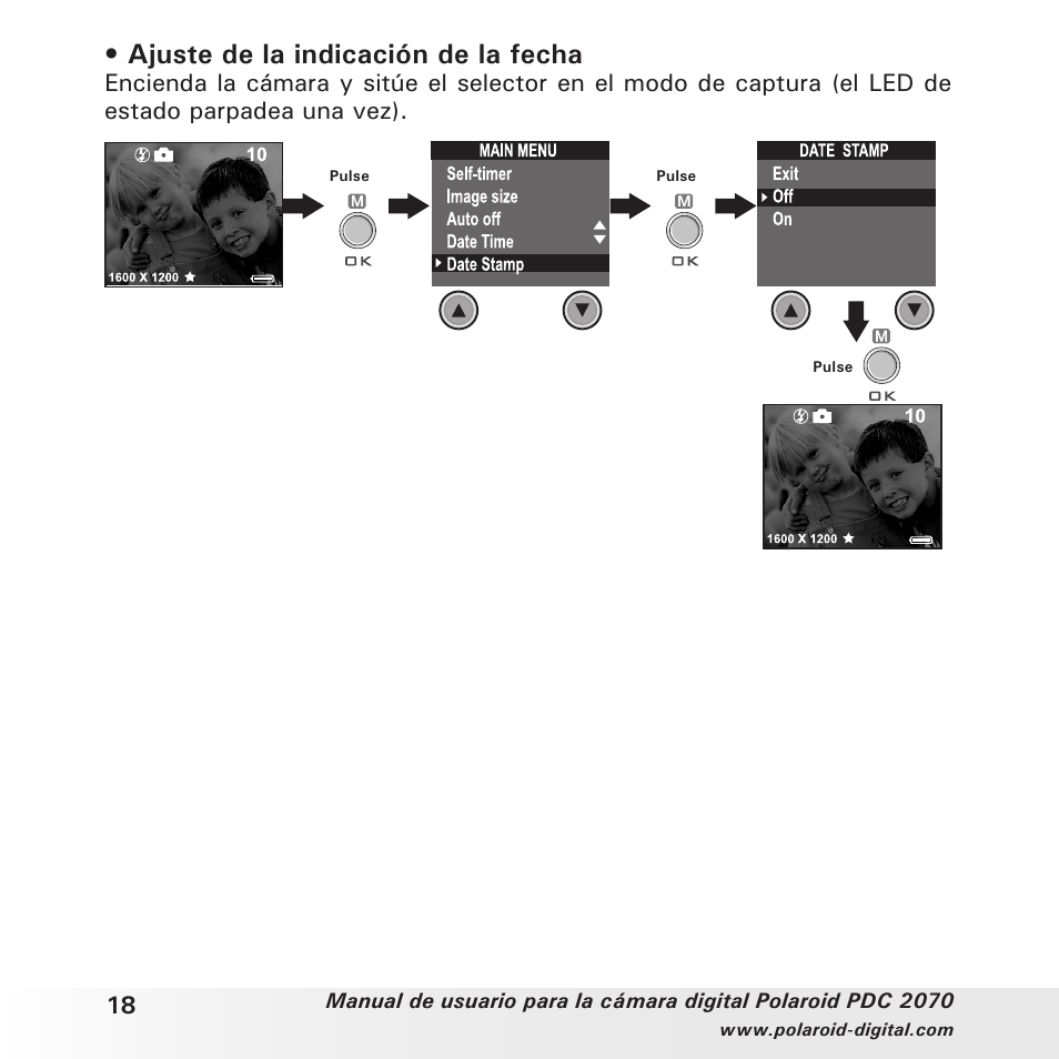 Ajuste de la indicación de la fecha | Polaroid PDC 2070 User Manual | Page 18 / 52