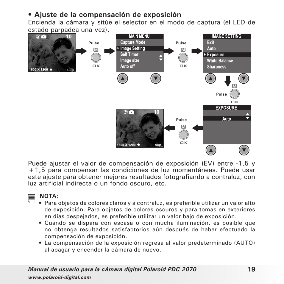 Ajuste de la compensación de exposición | Polaroid PDC 2070 User Manual | Page 19 / 52