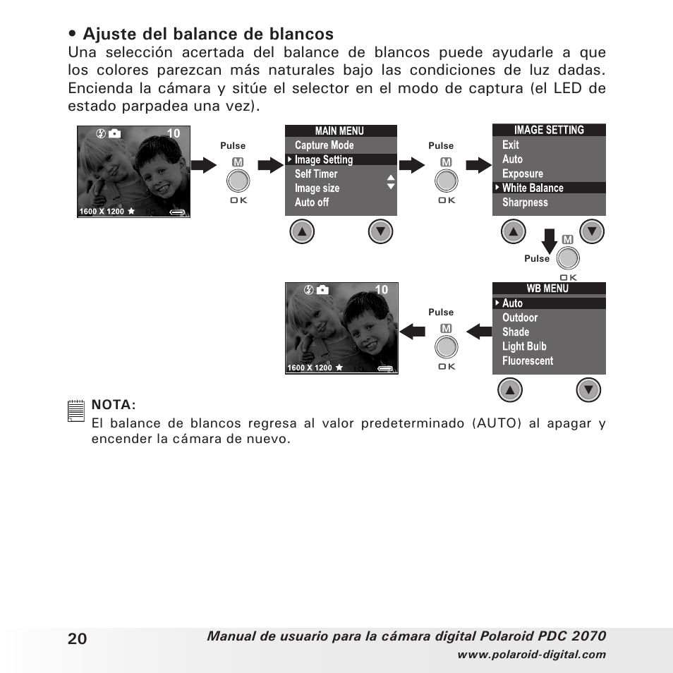 Ajuste del balance de blancos | Polaroid PDC 2070 User Manual | Page 20 / 52