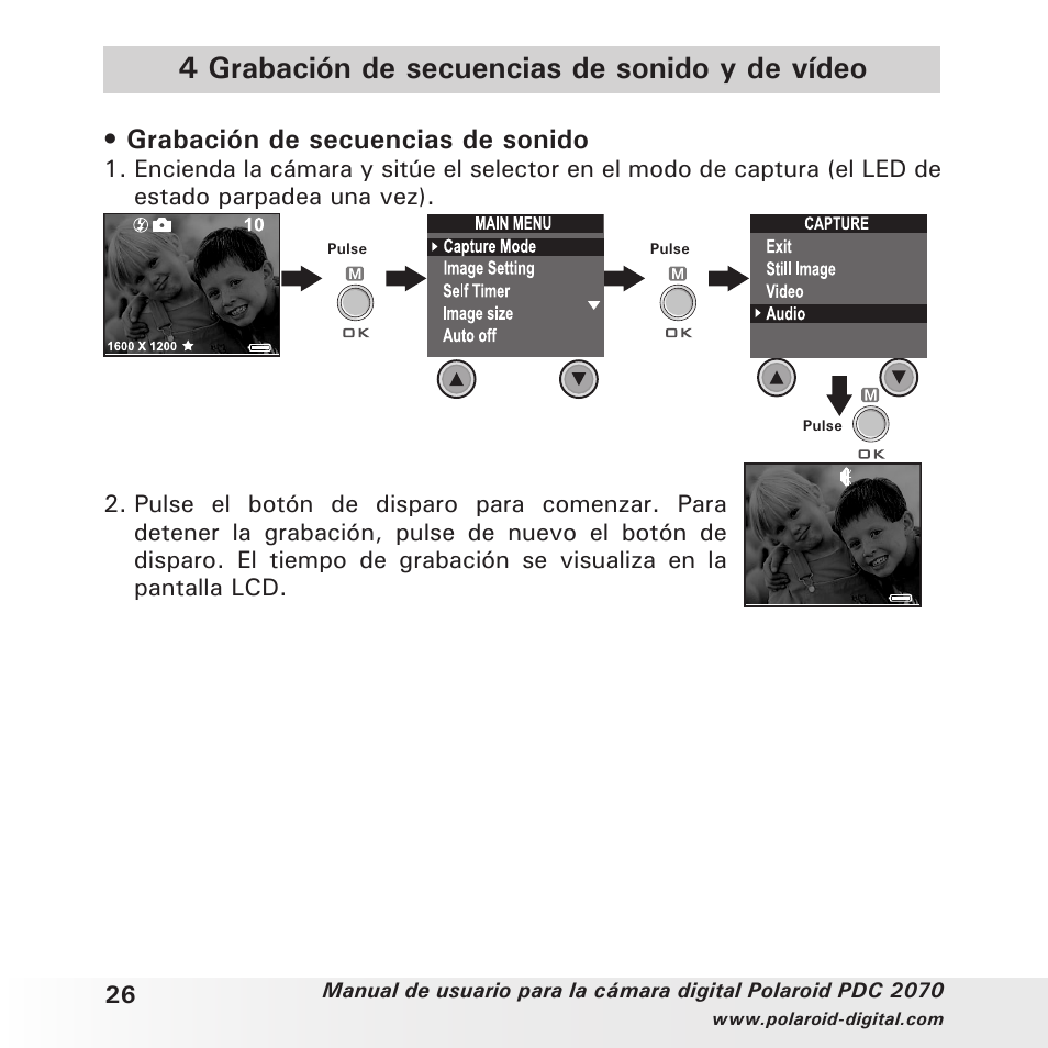 4 grabación de secuencias de sonido y de vídeo, Grabación de secuencias de sonido | Polaroid PDC 2070 User Manual | Page 26 / 52