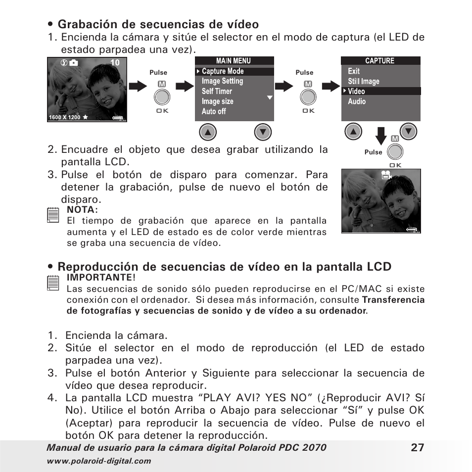 Grabación de secuencias de vídeo | Polaroid PDC 2070 User Manual | Page 27 / 52