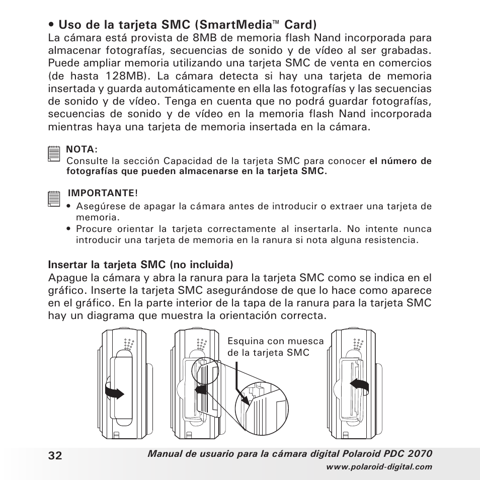 Uso de la tarjeta smc (smartmedia™ card) | Polaroid PDC 2070 User Manual | Page 32 / 52