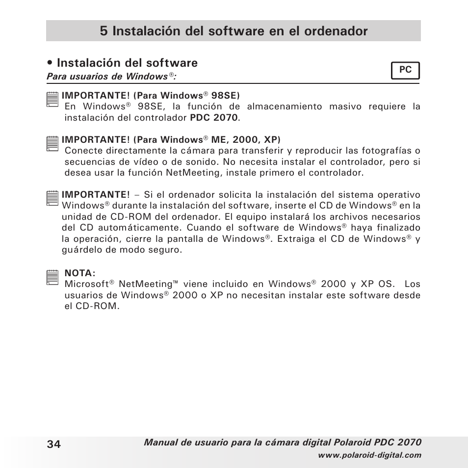 5 instalación del software en el ordenador, Instalación del software | Polaroid PDC 2070 User Manual | Page 34 / 52