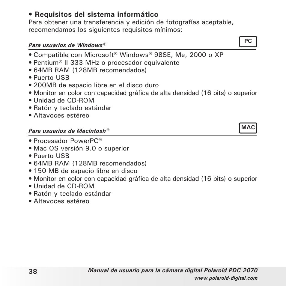 Requisitos del sistema informático | Polaroid PDC 2070 User Manual | Page 38 / 52