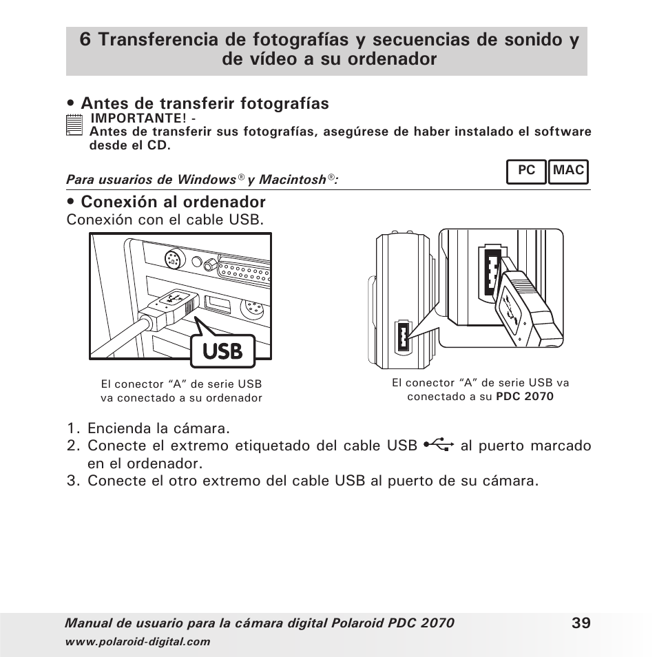 Antes de transferir fotografías, Conexión al ordenador | Polaroid PDC 2070 User Manual | Page 39 / 52