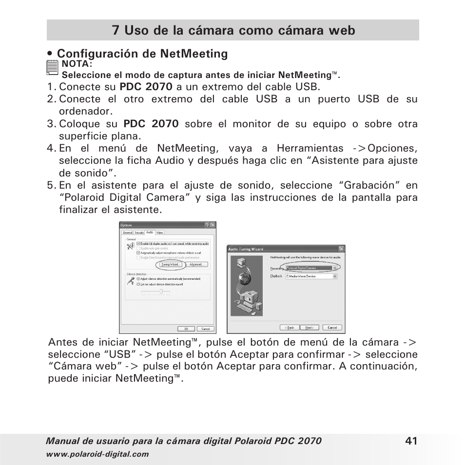 7 uso de la cámara como cámara web, Configuración de netmeeting | Polaroid PDC 2070 User Manual | Page 41 / 52