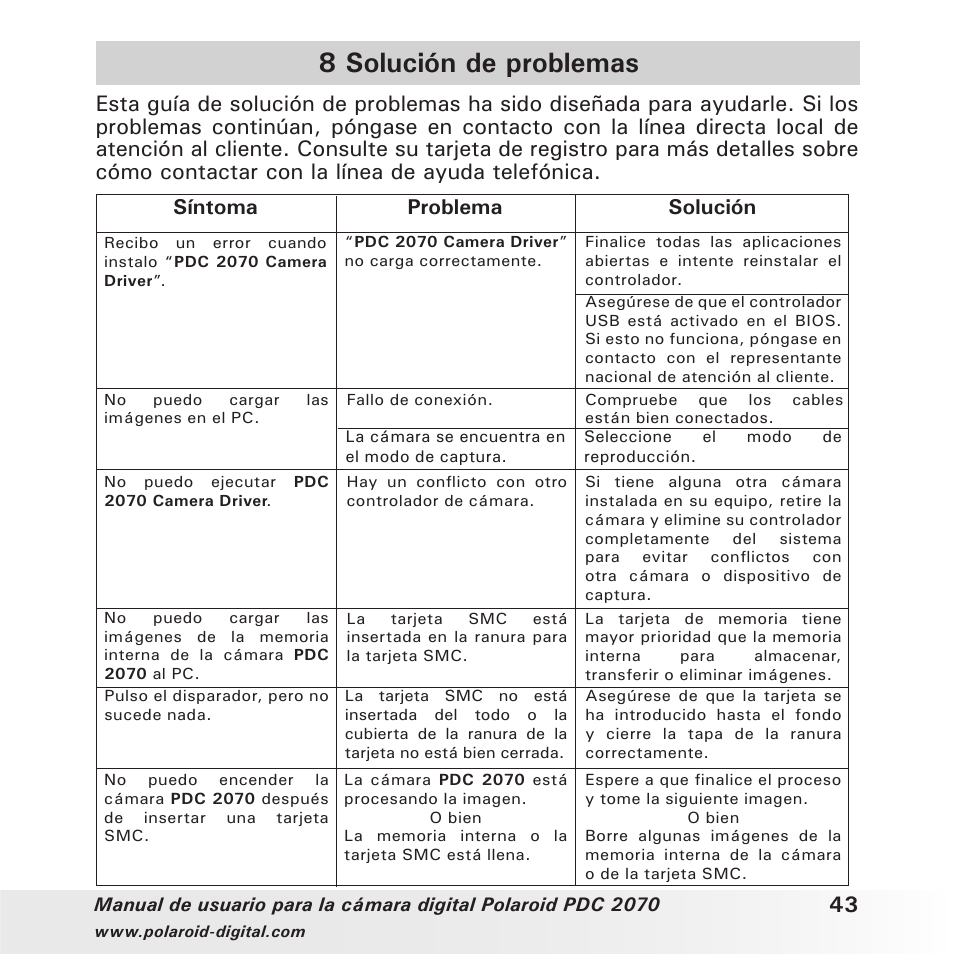 8 solución de problemas, Síntoma problema solución | Polaroid PDC 2070 User Manual | Page 43 / 52